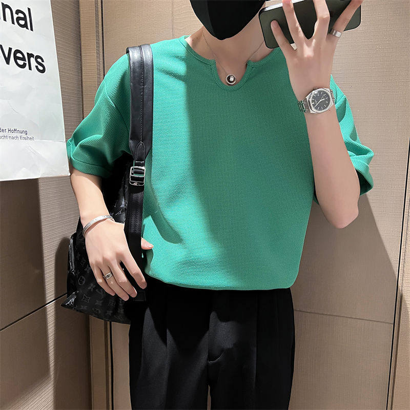 2025夏季新款青年男生纯色短袖t恤华夫格半袖体恤男C203-8812P58,男装T恤,电商C208