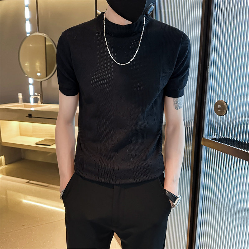 社会小伙夏季圆领t恤男士短袖冰丝体恤纯色针织衫C203-8869-特P48图片