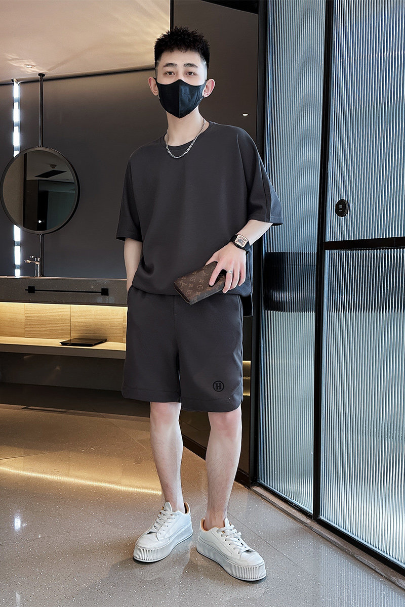 夏季纯色短袖t恤休闲五分裤套装2025新款宽松两件套C208-8882-P88,男装牛仔裤,电商C208
