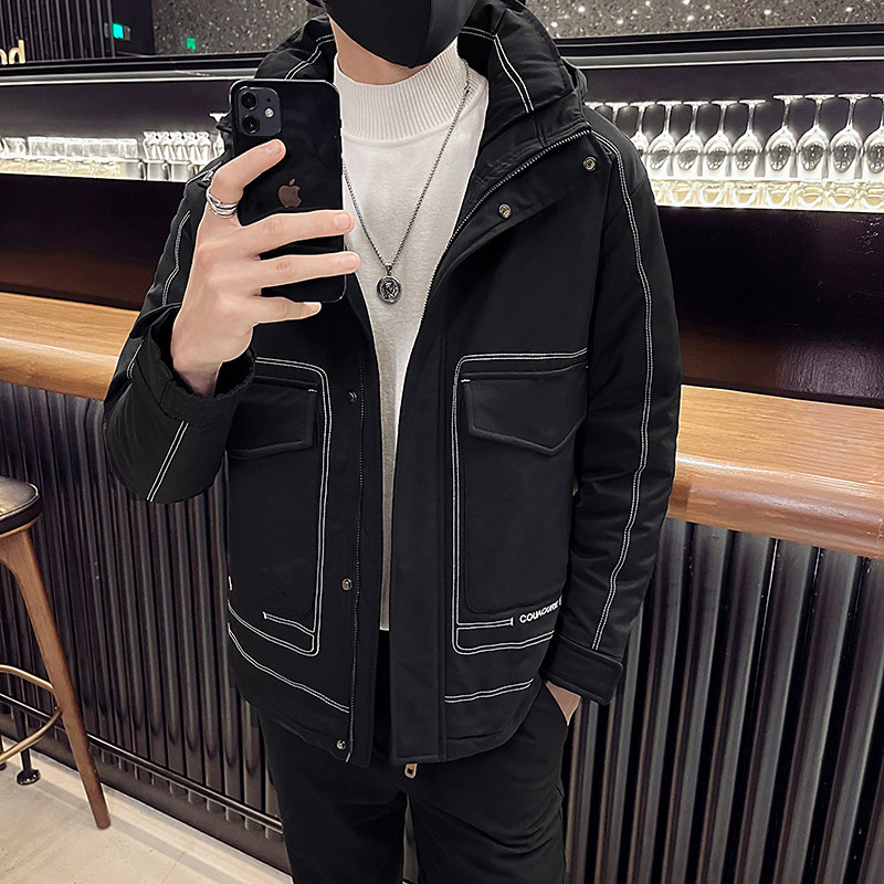 社会小伙连帽保暖羽绒服立体贴袋工装休闲外套男C203-5136-特P165，男装羽绒服，电商C208