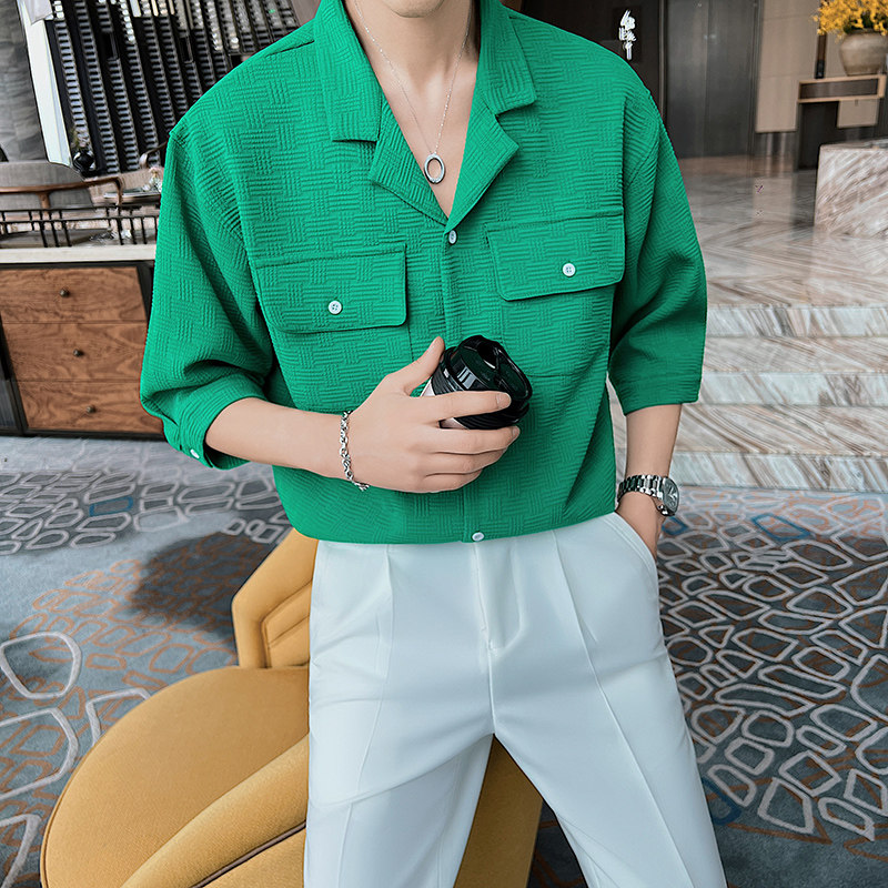 抖音直播夏季七分袖衬衫绿色潮牌社会小伙短袖上衣8818P68，男装T恤，电商C208