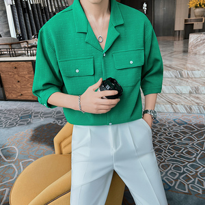 抖音直播夏季七分袖衬衫绿色潮牌社会小伙短袖上衣8818P68，男装T恤，电商C208