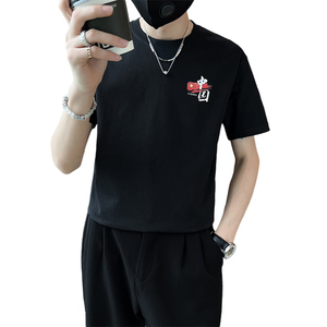 夏季圆领短袖t恤男2023黑色潮牌印花新款半袖体恤C203-8860-P38图片