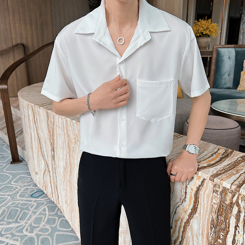 青年男士夏季短袖白色衬衫轻熟风薄款休闲尖领上衣C203-8821-P58，男装T恤，电商C208