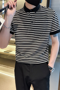 精神小伙夏季男士短袖t恤翻领polo衫半袖条纹体恤C203-8863-P58图片