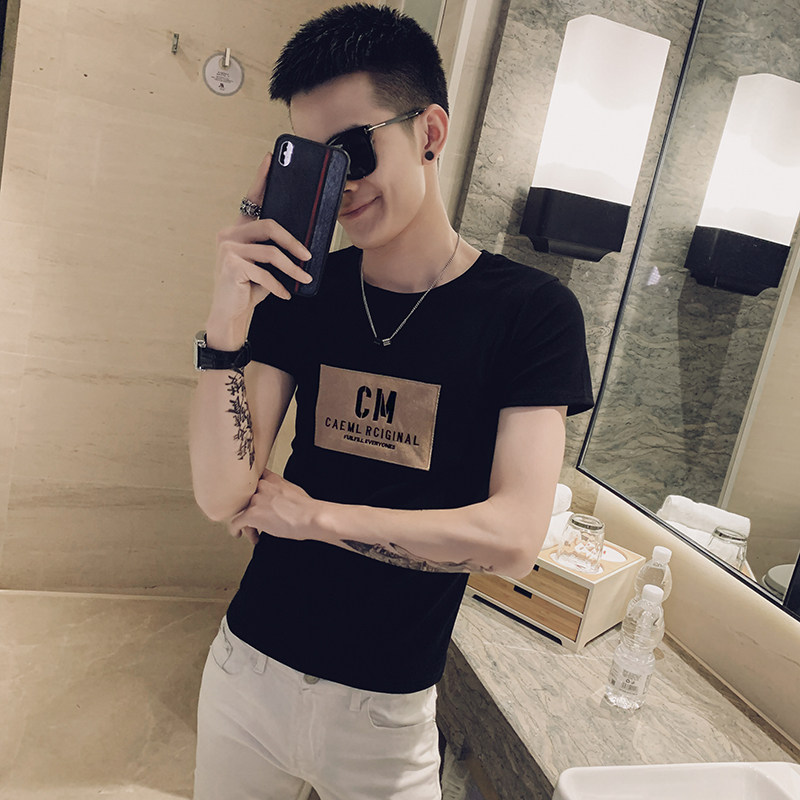 社会小伙夏季男士刺绣T恤时尚修身短袖打底衫C203-5024-P38控58图片