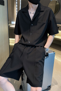 2025夏季新款男士黑色短袖短裤套装潮牌两件套C208-8874-P88控138图片