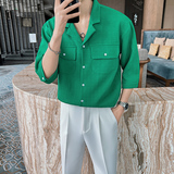 抖音直播夏季七分袖衬衫绿色潮牌社会小伙短袖上衣8818P68，男装T恤，电商C208