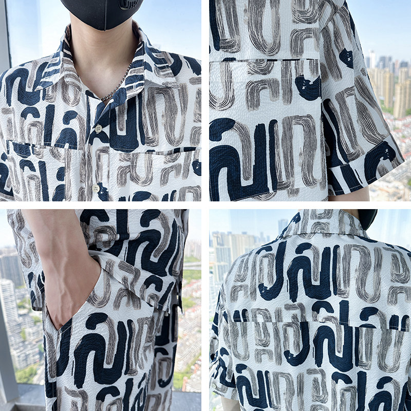 精神小伙夏季男士短袖短裤套装2025新款半袖花衬衫C208-8884-P88,男装牛仔裤,电商C208