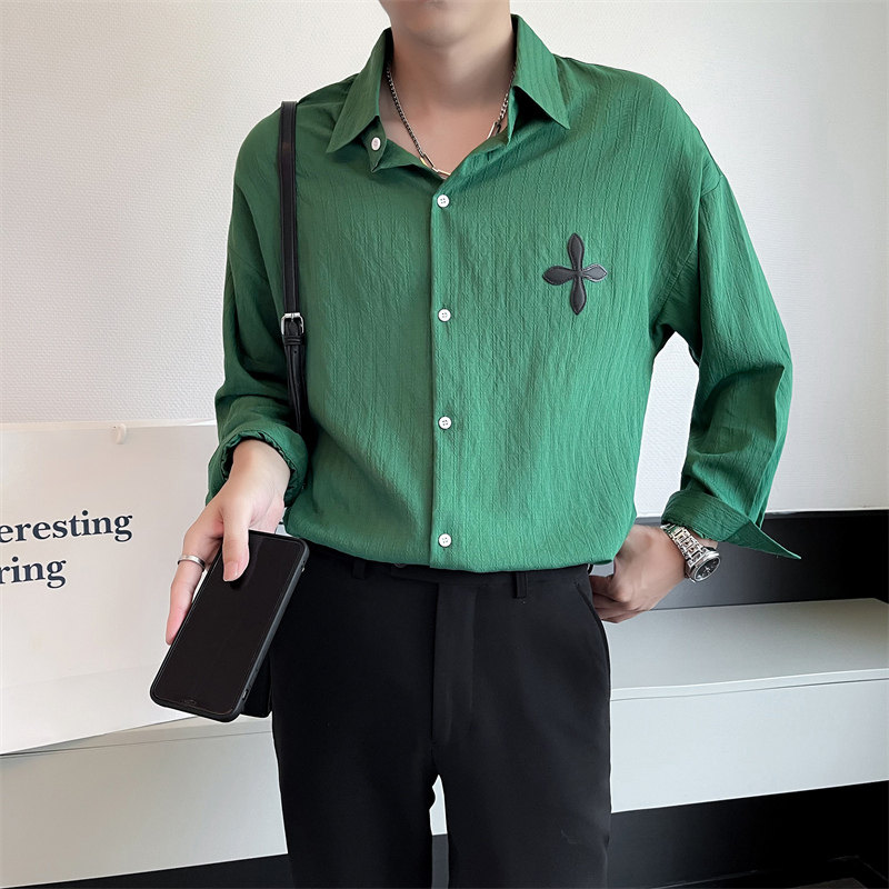 2025秋季新款长袖纯色衬衫时尚休闲绿色条纹尖领衬衣C203-8834P58，男装衬衫，电商C208