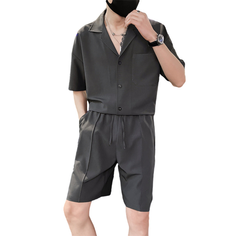 轻奢风夏季男士灰色套装短袖衬衫短裤两件套C208-8874-P88-控138,男装牛仔裤,电商C208