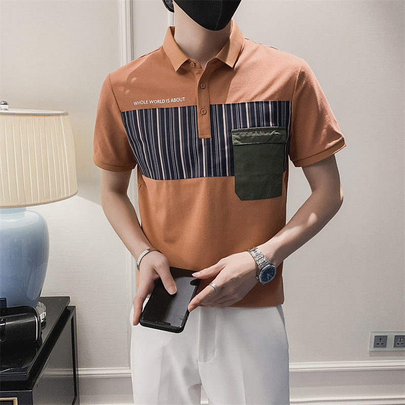 精神小伙夏季男士拼色短袖Polo衫2022翻领条纹上衣C203-8814-P58,男装T恤,电商C208
