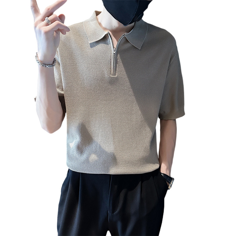 夏季男士新款短袖t恤V领拉链纯色针织衫翻领Polo衫C203-8867-P58,男装T恤,电商C208