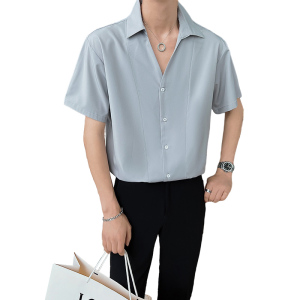 2026夏季青年男士纯色休闲V领衬衫社会小伙短袖上衣C203-8820-P58图片