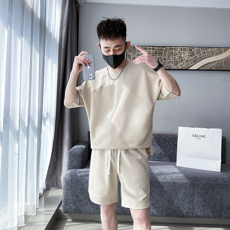 社会小伙夏季男士短袖短裤两件套纯色休闲套装男C208-8882-P88，男装牛仔裤，电商C208