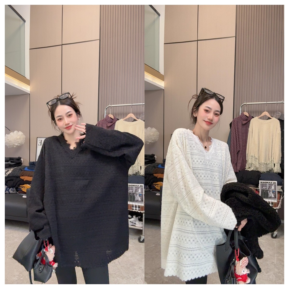 【高级感穿搭】软糯蕾丝~时尚温柔气质V领花边长袖蕾丝衫上衣