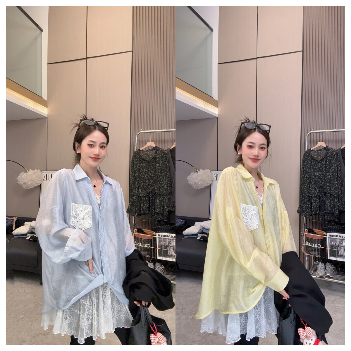 【心情满分】轻氧假两件衬衫~时尚简约蕾丝拼接假两件衬衣