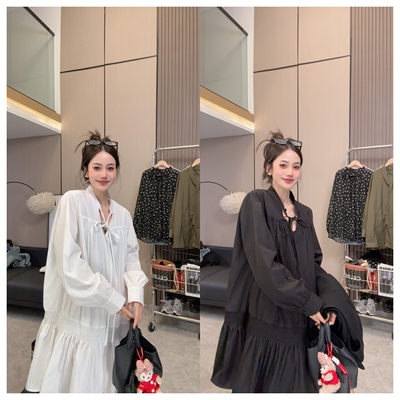 【元气上线】春款上新~设计款气质简约绑带宽松中长款长袖衬衫裙