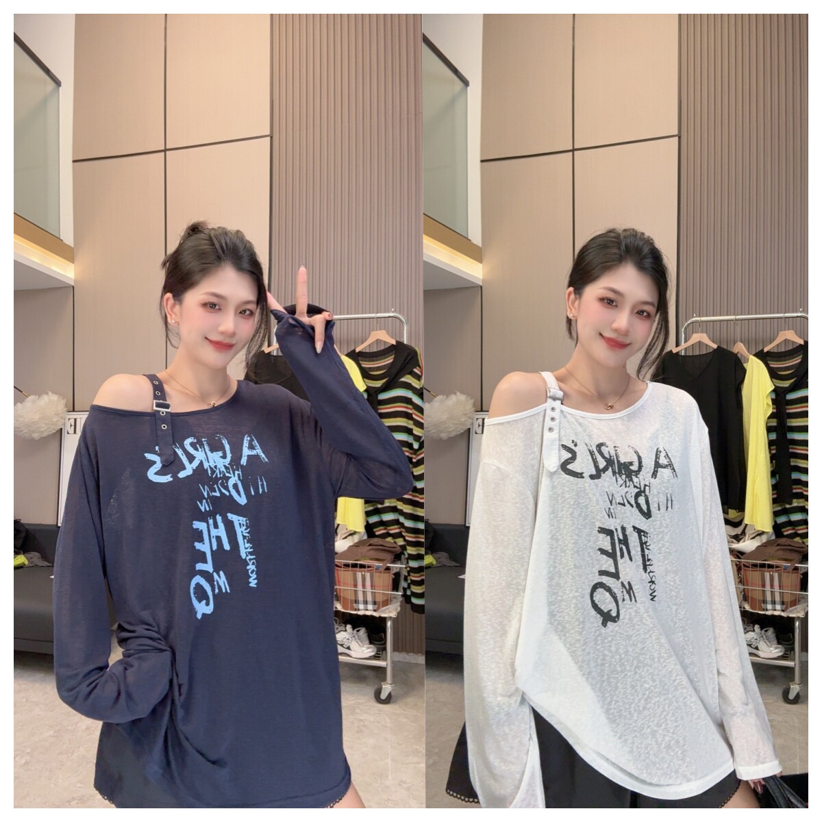 【感觉至上】字母露肩~休闲防晒时尚百搭中长款T恤上衣