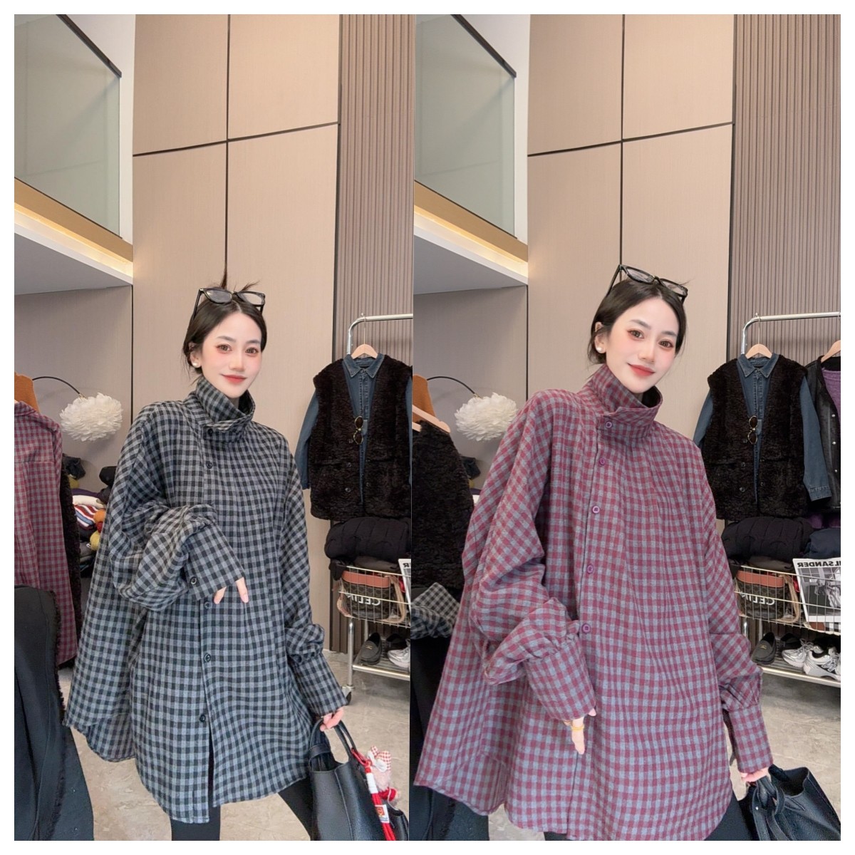 【立领格子】磨毛格纹~侧边扣设计款气质穿搭时尚休闲百搭衬衣