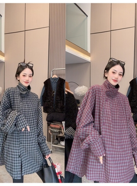 【立领格子】磨毛格纹~侧边扣设计款气质穿搭时尚休闲百搭衬衣