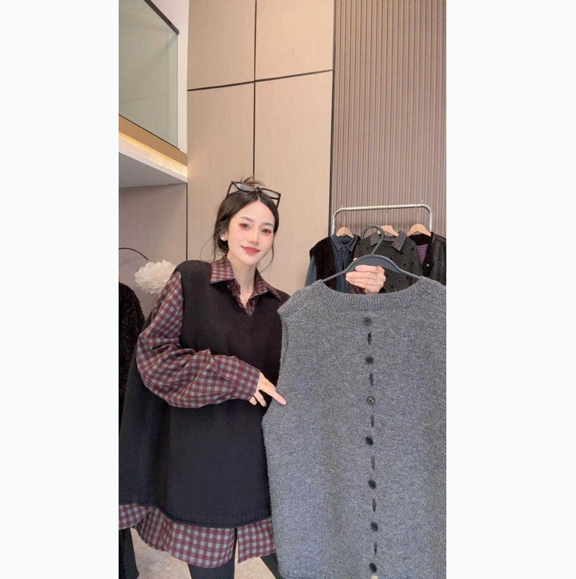 【落日咖啡】秋冬马甲~设计感时尚宽松后背纽扣百搭针织马甲,女装/女士精品,马夹,淘宝优惠券,粉丝福利购,淘宝优惠卷