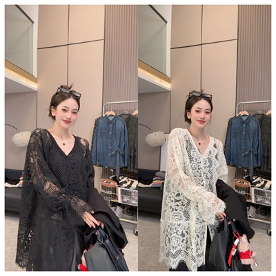 【春日出逃】假日氛围感~法式甜美镂空勾花V领长袖蕾丝衫