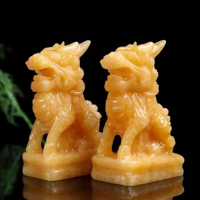 天然玉石黄玉麒麟摆件一对送子招财镇宅家居玄关创意摆件玉石麒麟