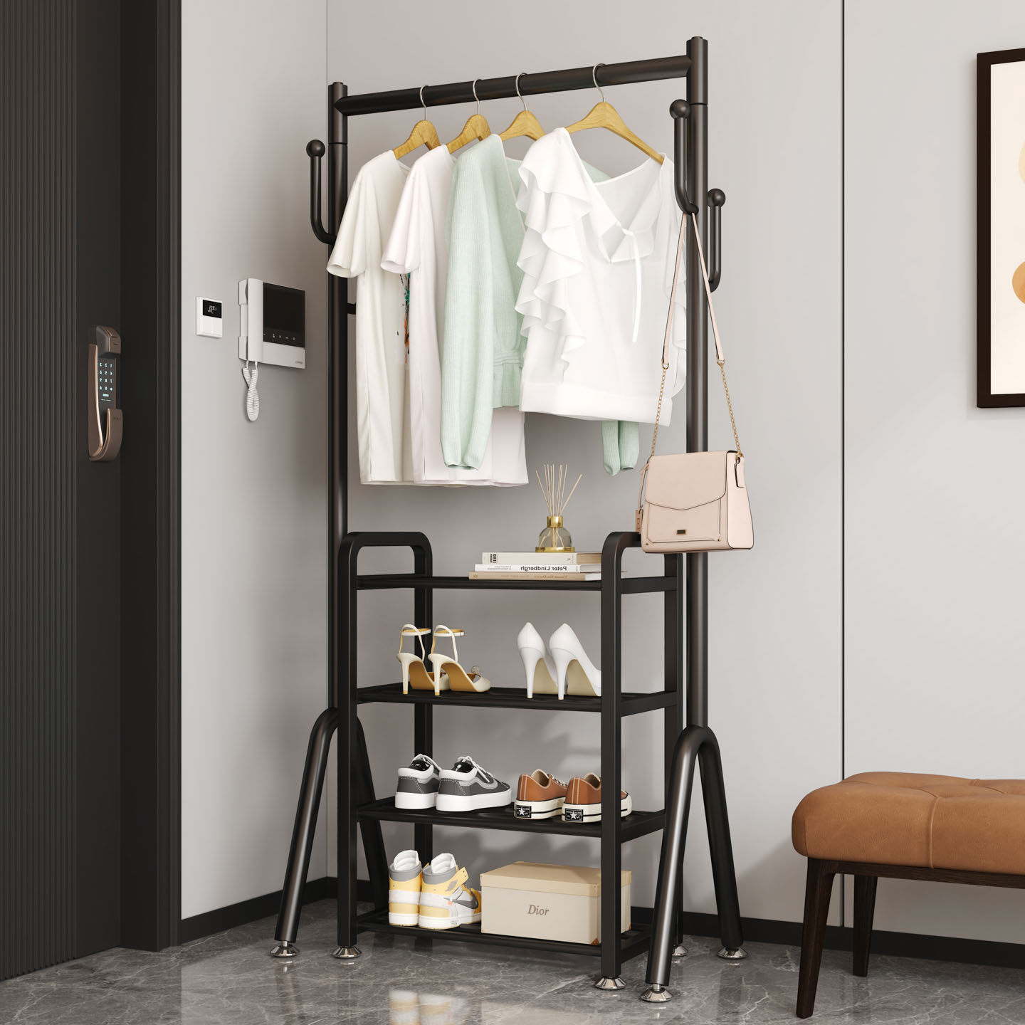 鞋架子家用门口出租房简易多层晾衣架寝室内挂衣杆用入户门衣帽架