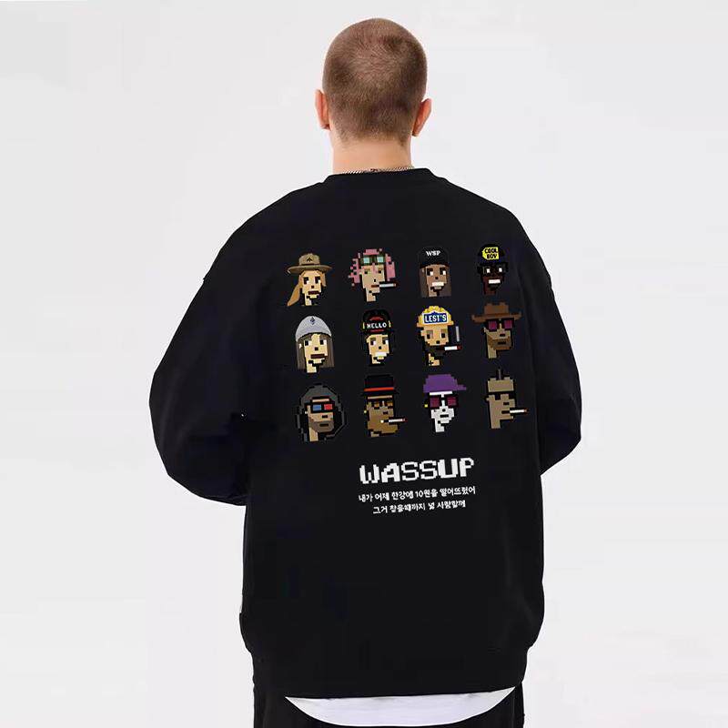 WASSUP国潮牌秋冬加绒圆领卫衣男女同款2024美式重磅无帽情侣长袖