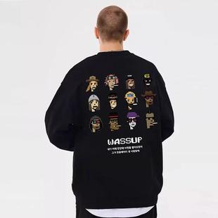 WASSUP国潮牌秋冬加绒圆领卫衣男女同款2024美式重磅无帽情侣长袖