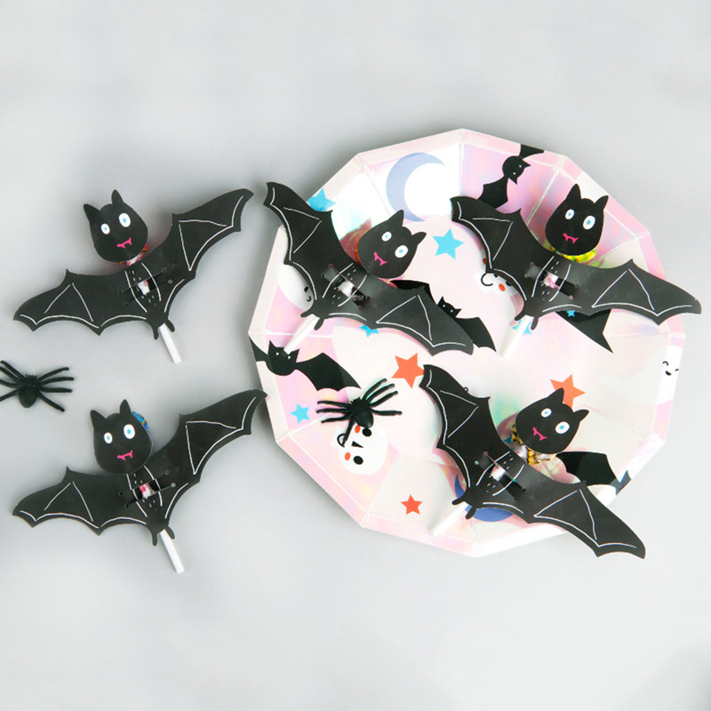 创意万圣节蝙蝠造型棒棒糖卡片现货蛋糕摆拍卡糖果包装卡4个一张