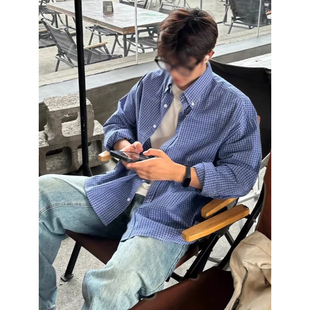 阳光干净男生穿搭蓝色格子衬衫长袖春季高智感miu系格纹衬衣外套
