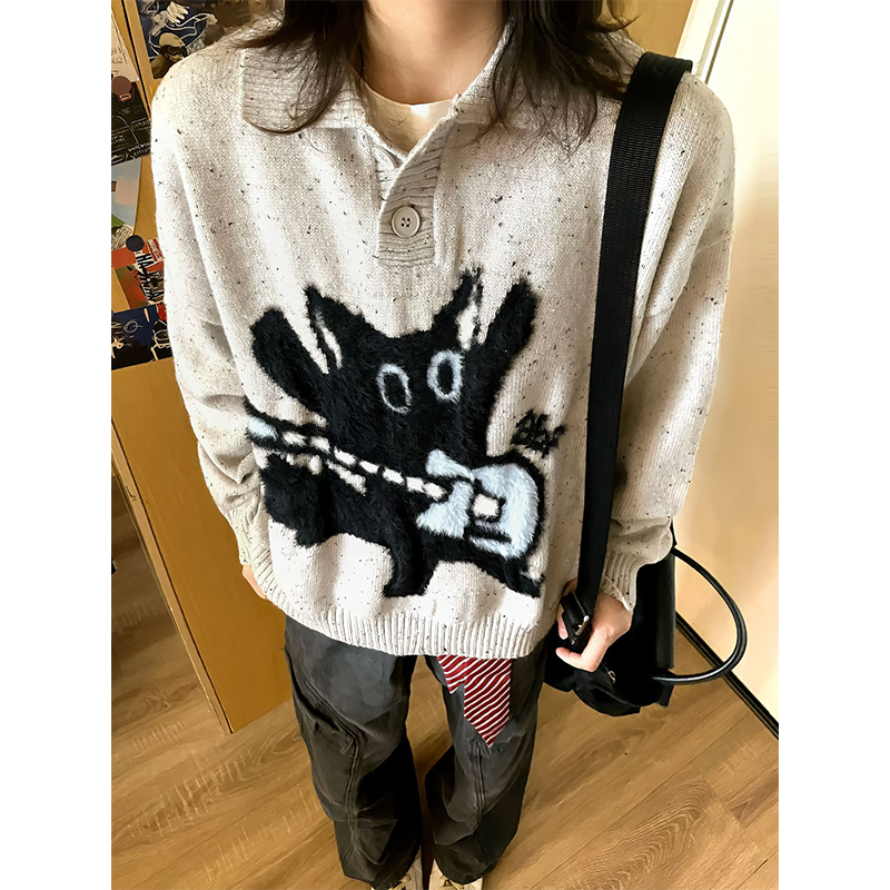 小猫植绒印花polo毛衣男款秋冬季慵懒风针织衫小众设计感情侣线衫