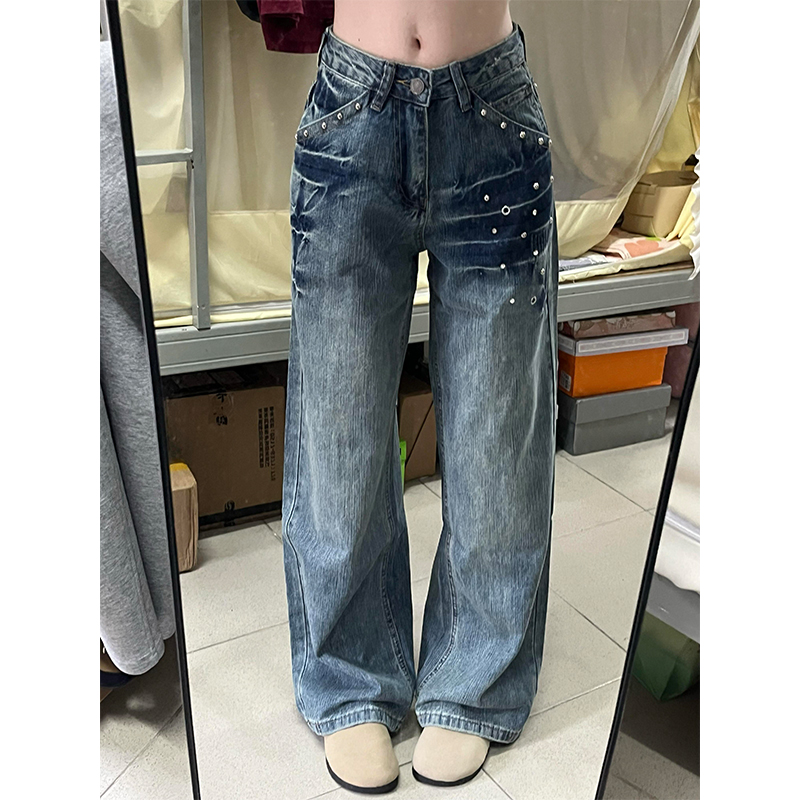 美式水洗闪电纹铆钉牛仔裤女