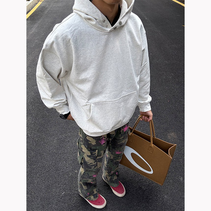 白花灰色重磅boxy纽扣卫衣男春秋cleanfit外套设计感小众正肩帽衫