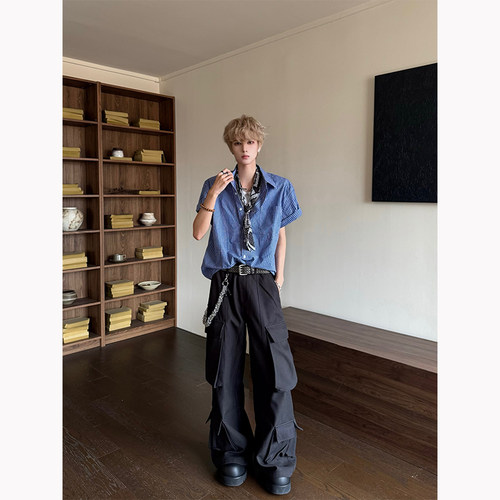 miu系蓝色格子衬衫短袖男款