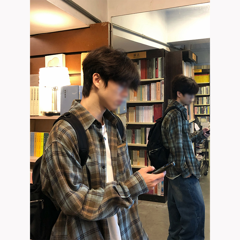 海盐蓝棕色格子衬衫长袖