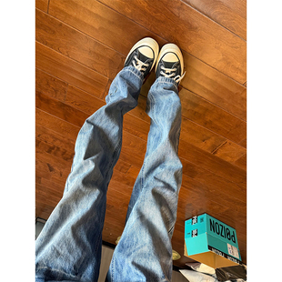 cleanfit浅蓝色闪电纹牛仔裤男直筒美式vibe风裤子高街窄版微喇裤