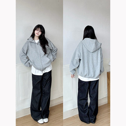 浅灰色双拉链开衫卫衣男女款秋季cleanfit无抽绳外套设计感连帽衫