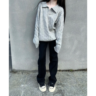 格雷系浅灰色麻花纹polo毛衣男女秋冬慵懒风V领针织衫 高级感线衫