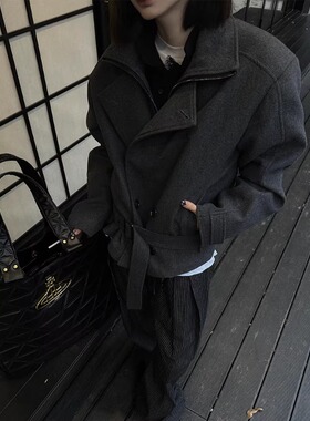 stay the night同款假两件双排扣绑带毛呢大衣男冬季短款呢子外套