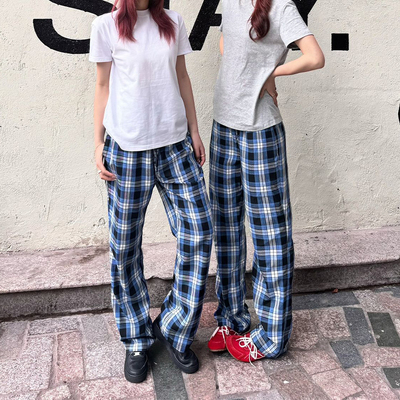 何以至此美式蓝色格子裤男夏季cleanfit设计感裤子直筒垂感微喇裤