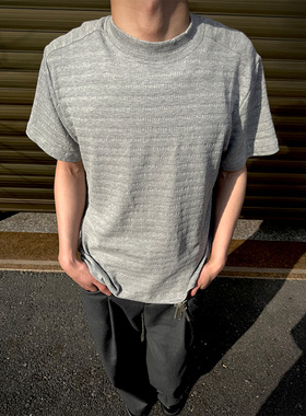 浅灰色肌理感提花t恤男夏季cleanfit小领口短袖痞帅高级感半截袖