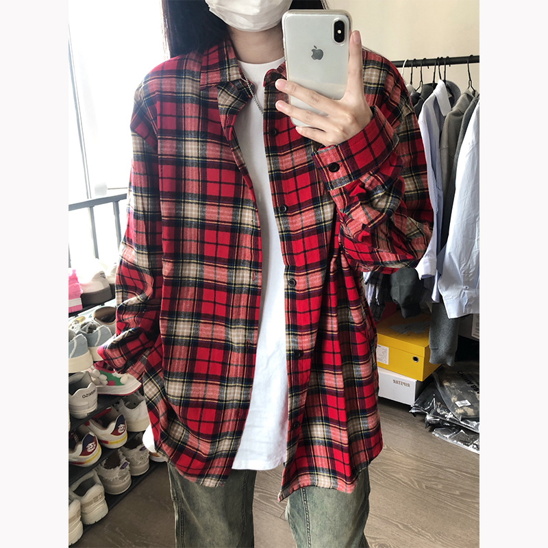 美式重磅红色格子衬衫男春秋cleanfit格纹衬衣设计感情侣正肩寸衫