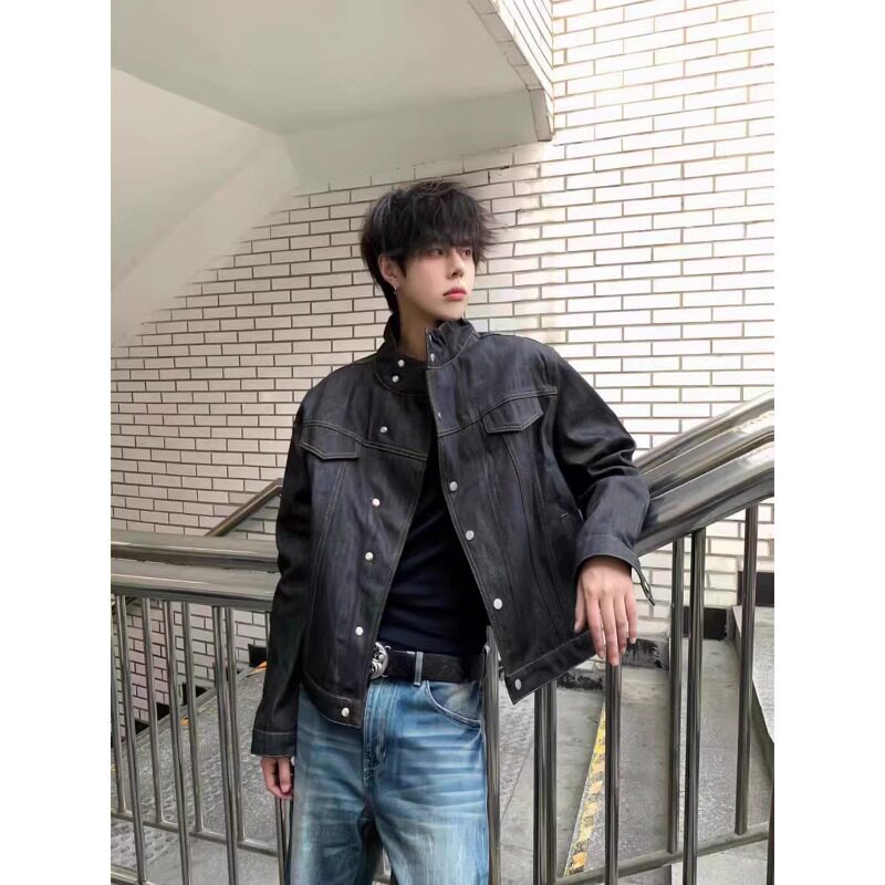 原色立领斜襟牛仔外套男春季cleanfit短款剪裁夹克高级感牛仔褂子