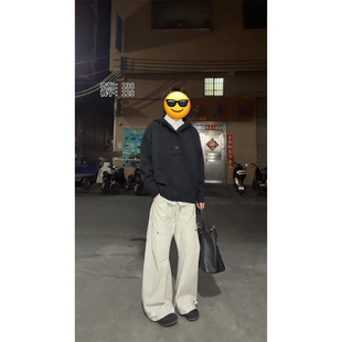 美式黑色半开连帽毛衣男款秋冬季高级感cleanfit慵懒风针织衫外套