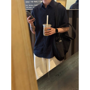 藏青色莱塞尔亚麻混纺衬衫短袖男款夏季人夫感纯色衬衣高级感寸衫