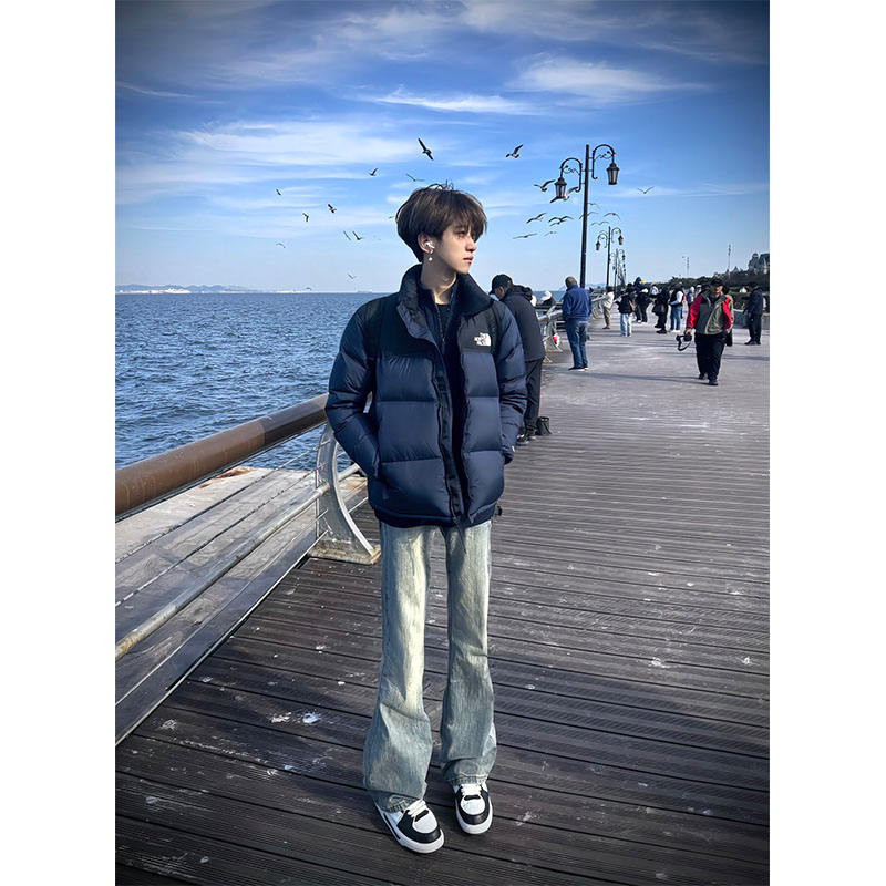 浅蓝色517闪电纹牛仔裤男直筒修身美式vibe风裤子高街窄版微喇裤