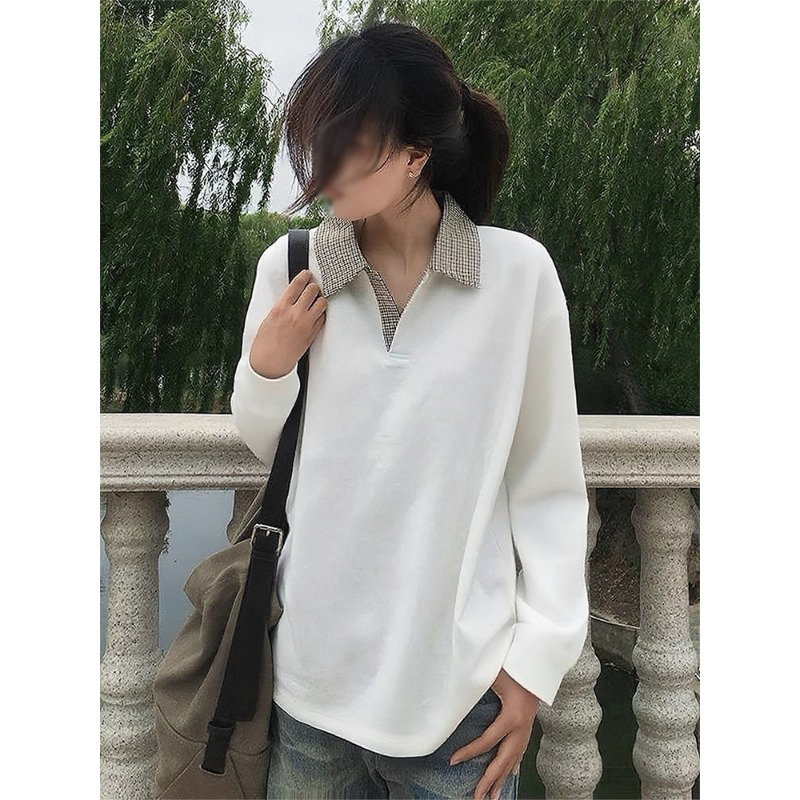 千鸟格拼接假两件polo衫长袖t恤男高级感老钱风翻领卫衣无帽打底